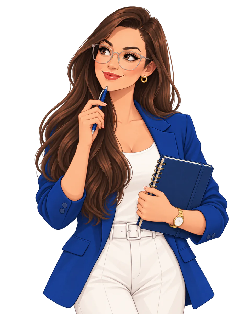 Ilustração da Aline segurando a agenda e uma caneta.